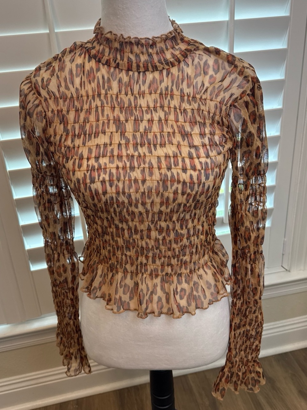 Free People Hello There Leopard-Print Smocked High Neck Blouse sheer